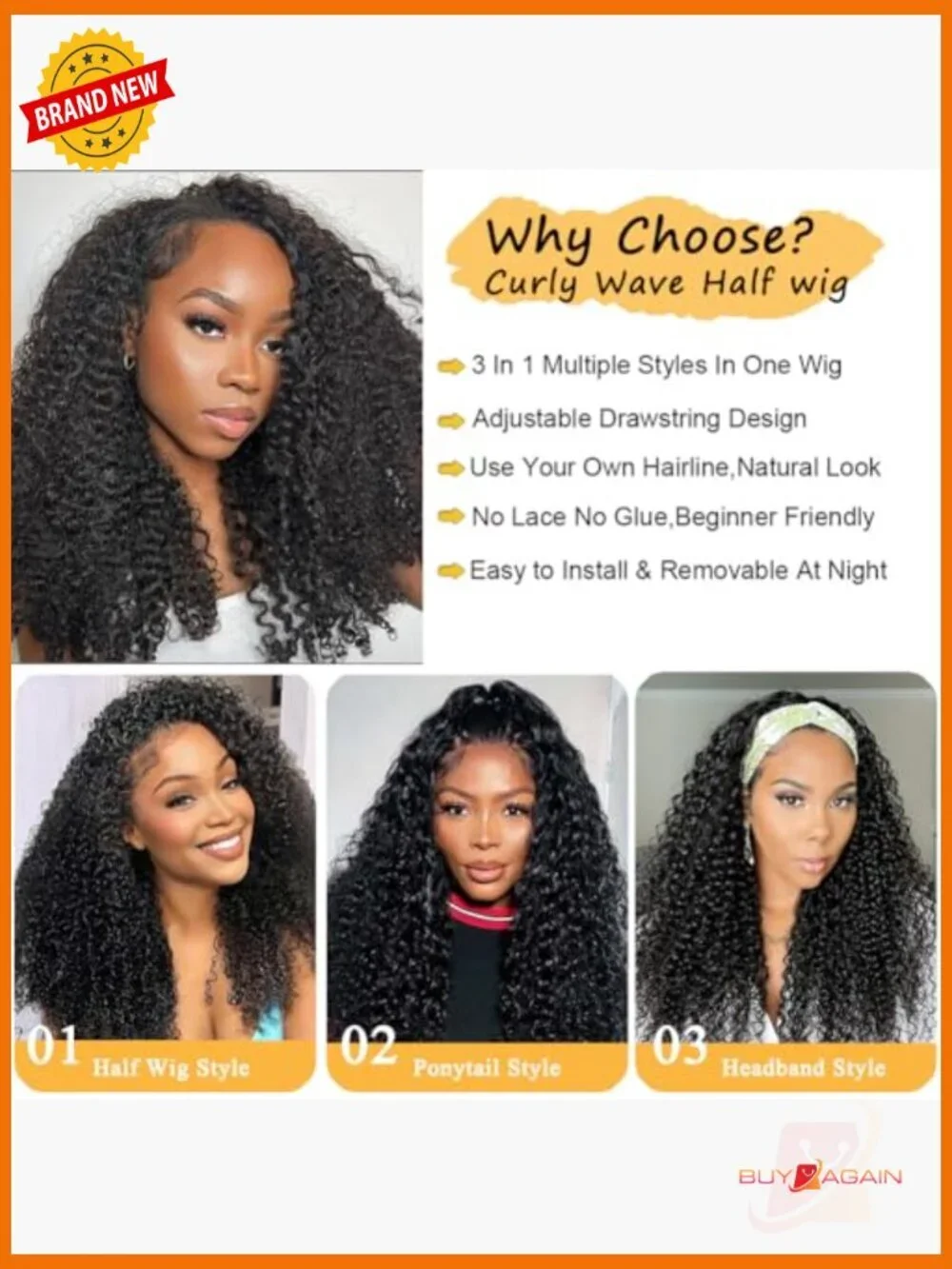 200% Density Kinky Curly Half Wig Human Hair Glueless 18in